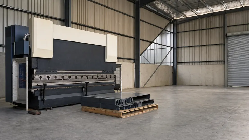 A press brake and a pallet of folded steel sheet on the floor of a factory unit