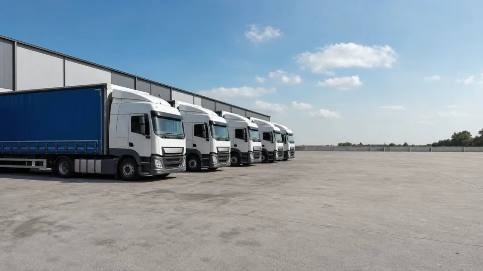 A line of curtainsider trucks parked nose-in on the sealed yard of a freight depot
